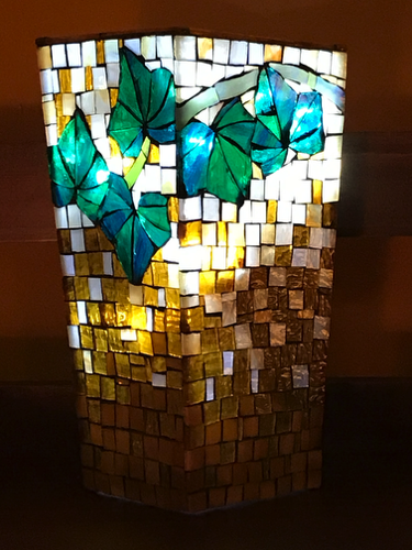 Ivy Vase; 4.5" x 4.5" x 9", tapered; stained glass on glass; interior lights; $200.00